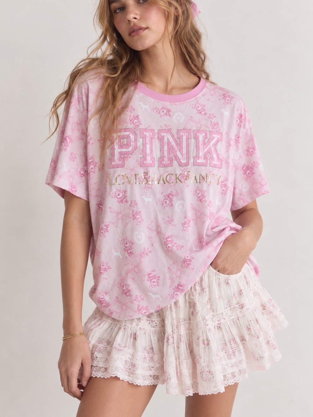PINK X Loveshackfancy soft cotton pink logo relaxed fit t shirt